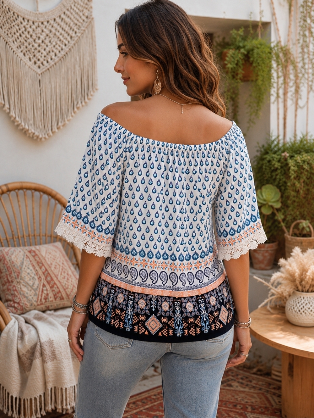 Cesem USA Boho Paisley Peasant Top XL Lace Trim Off Shoulder Blouse - Picture 2 of 7